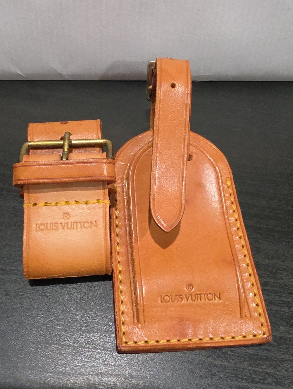 Louis Vuitton Cognac Leather Luggage Tag and Strap Set